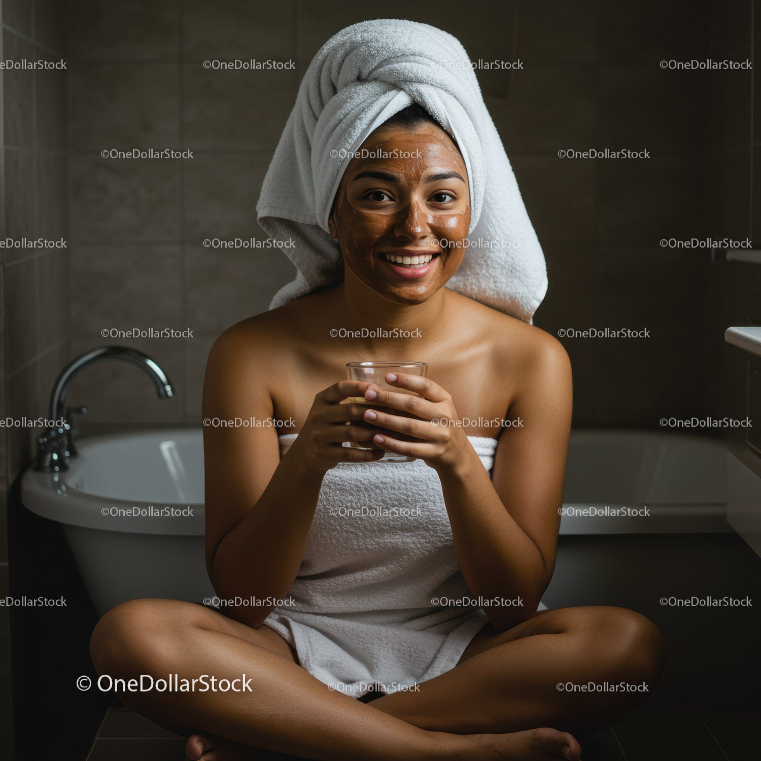 Smiling Woman with Towel on Head Relaxing in Spa Bathroom
