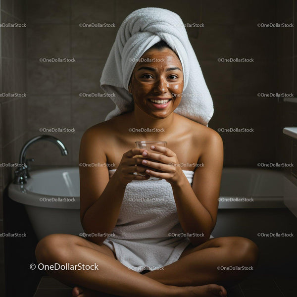 Uśmiechnięta kobieta z ręcznikiem na głowie relaksująca się w łazience spa
