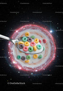 Colorful Cereal in Milk Spoon with Cosmic Galaxy Background
