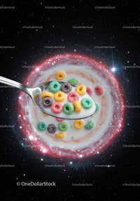 Colorful Cereal in Milk Spoon with Cosmic Galaxy Background
