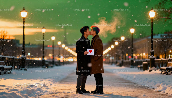 Couple sharing a tender kiss on snowy winter evening