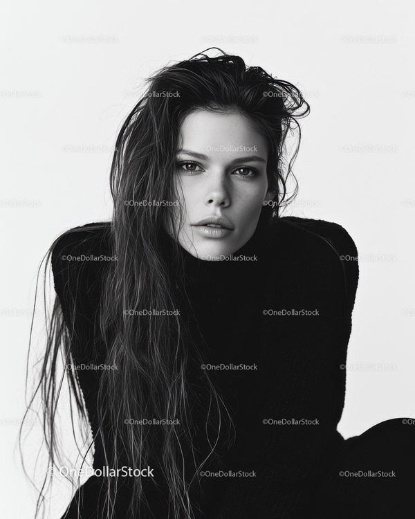 Black and White Portrait of a Confident Female Model with Long Hair