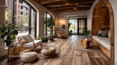 Modern Cozy Living Room with Wooden Ceiling Beams and Large Windows