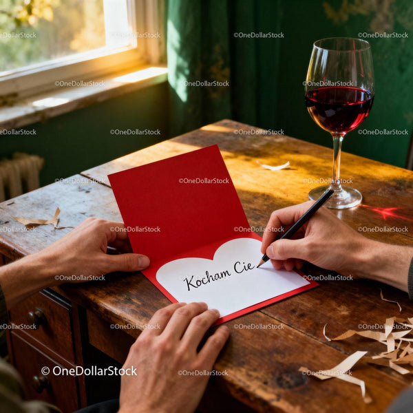 Handwriting Love Note in Red Card with Glass of Wine