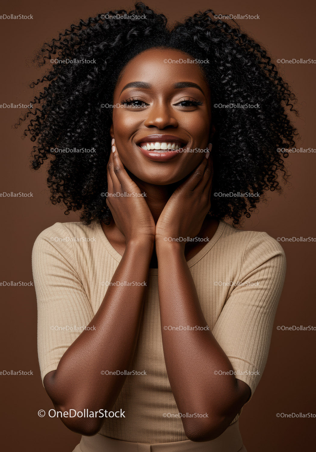 Beautiful Smiling Woman with Curly Hair in Studio Shot for Fashion and Beauty