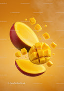 Fresh mango slices and cubes on vibrant background