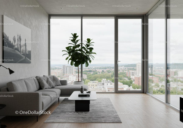 Modern Living Room with Floor-to-Ceiling Windows and City View