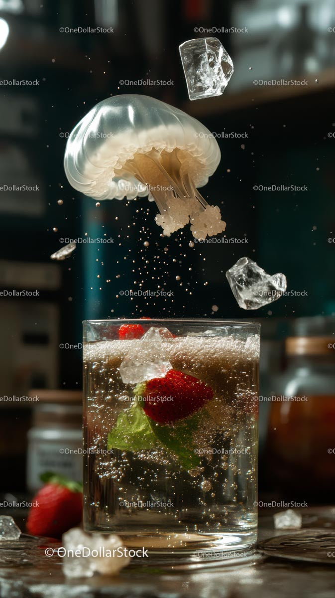 Strawberry Cocktail with Jellyfish and Ice Cubes in a Glass
