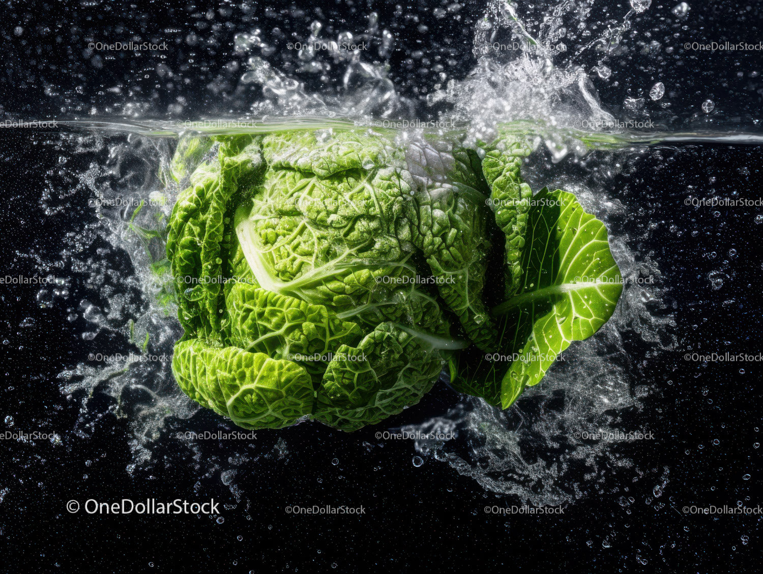 Fresh Green Cabbage Against Black Background with Water Splash