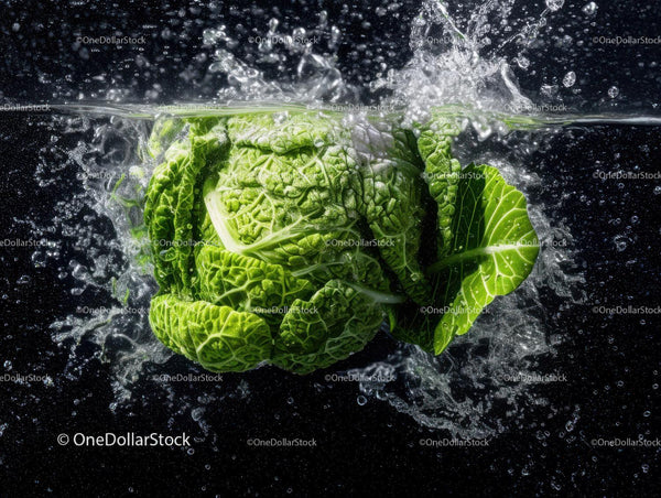 Fresh Green Cabbage Against Black Background with Water Splash