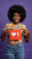 Young Woman Holding Social Media Like Button Sign on Purple Background