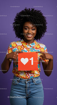 Young Woman Holding Social Media Like Button Sign on Purple Background