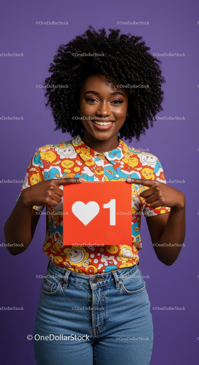 Young Woman Holding Social Media Like Button Sign on Purple Background
