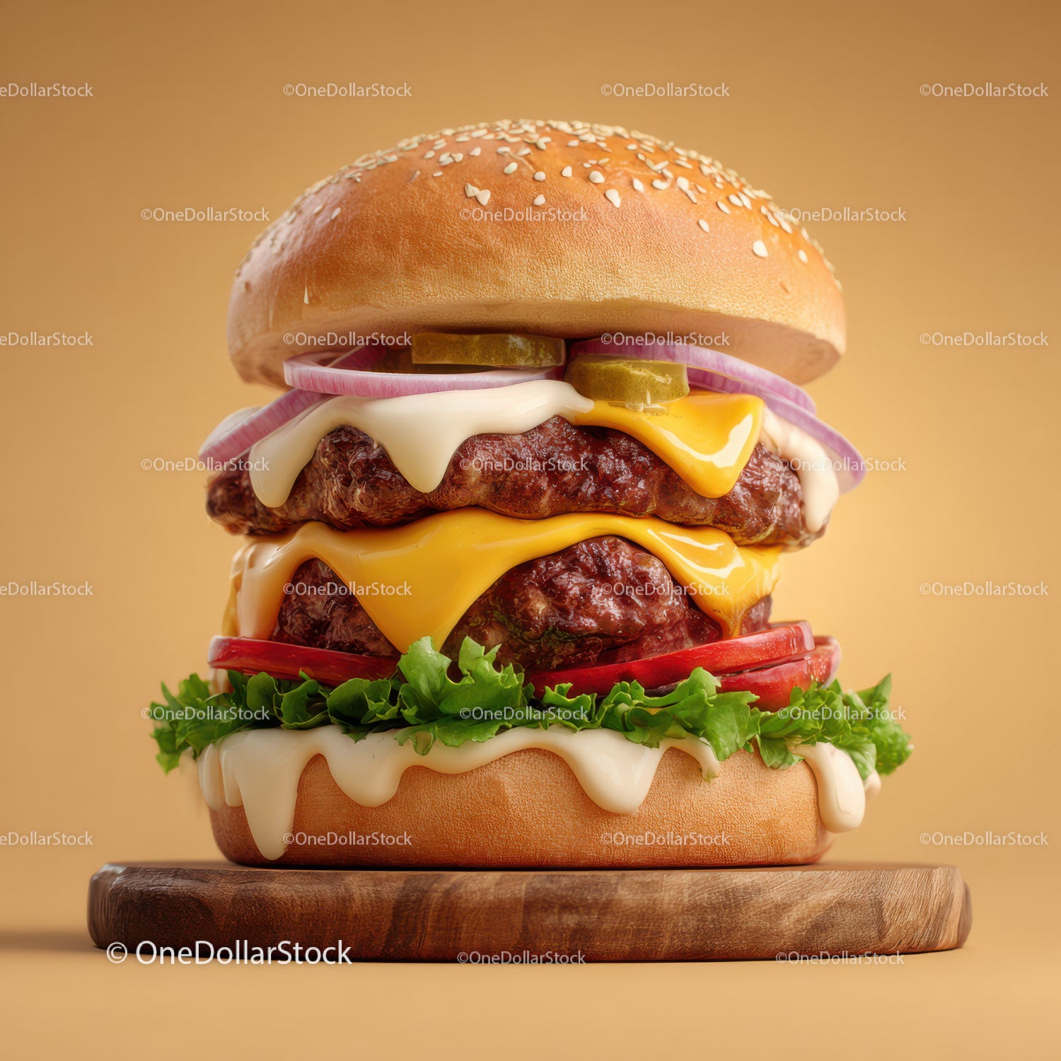 Gourmet Cheeseburger with Fresh Vegetables Stacked High