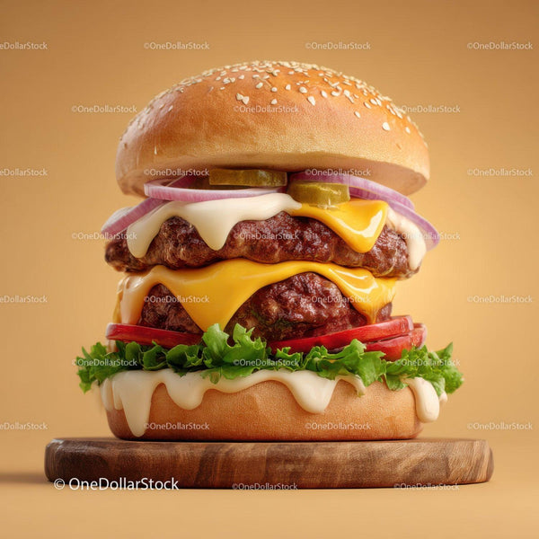 Gourmet Cheeseburger with Fresh Vegetables Stacked High
