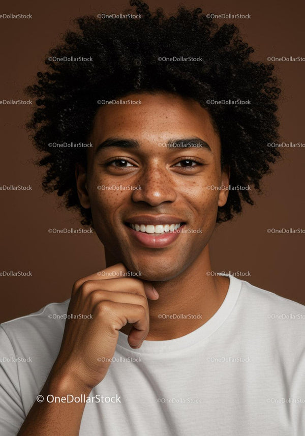 Portret uśmiechniętego młodego mężczyzny z afro w codziennym ubraniu