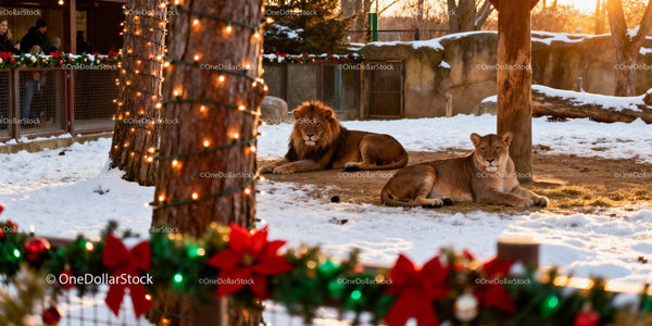 Lions resting peacefully in snowy winter zoo enclosure