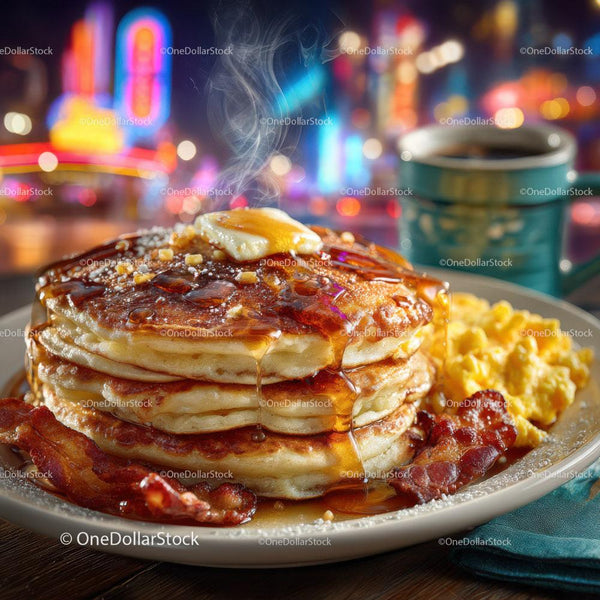 Stack of Fluffy Pancakes with Maple Syrup and Bacon in a Cozy Café