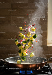 Fresh zucchini and onion tossed in hot skillet
