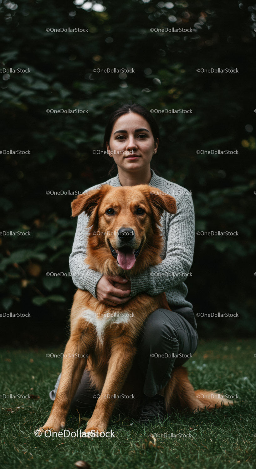 Young woman embracing her happy golden retriever outdoors
