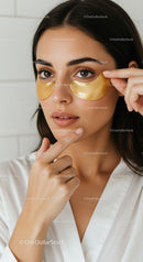 Young Woman Applying Gold Under-Eye Patches for Skincare Relaxation