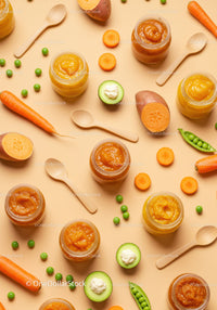 Jars of homemade vegetable baby food with fresh produce