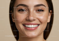 Close up of smiling young woman with natural freckles
