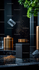 Stylish Salt Shaker with Falling Salt on a Modern Black Kitchen Counter