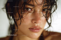 Young Woman with Wet Hair and Intense Gaze in Natural Lighting