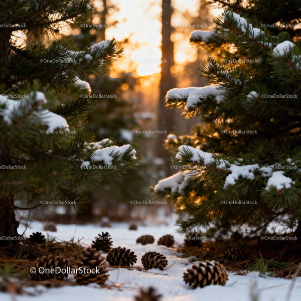 Snowy pine cones scattered in sunlit forest clearing