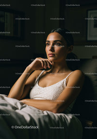 Elegant Young Woman Sitting Indoors with Thoughtful Expression