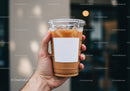 Hand Holding Iced Coffee with Blank Label Outdoors