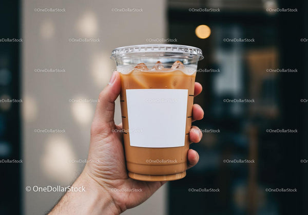 Hand Holding Iced Coffee with Blank Label Outdoors JPG Mockup Image