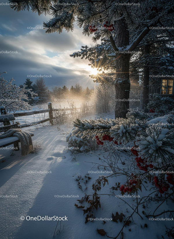 Winter Morning Sunlight Through Frosty Garden Trees