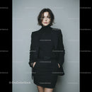 Stylish Woman in Black Suit with Short Hair in Modern Setting