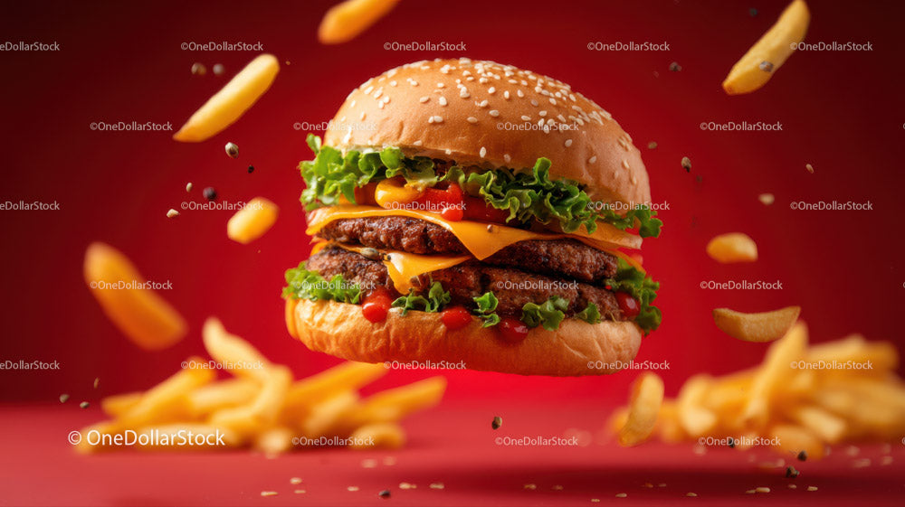 Juicy Cheeseburger with French Fries on Vibrant Red Background