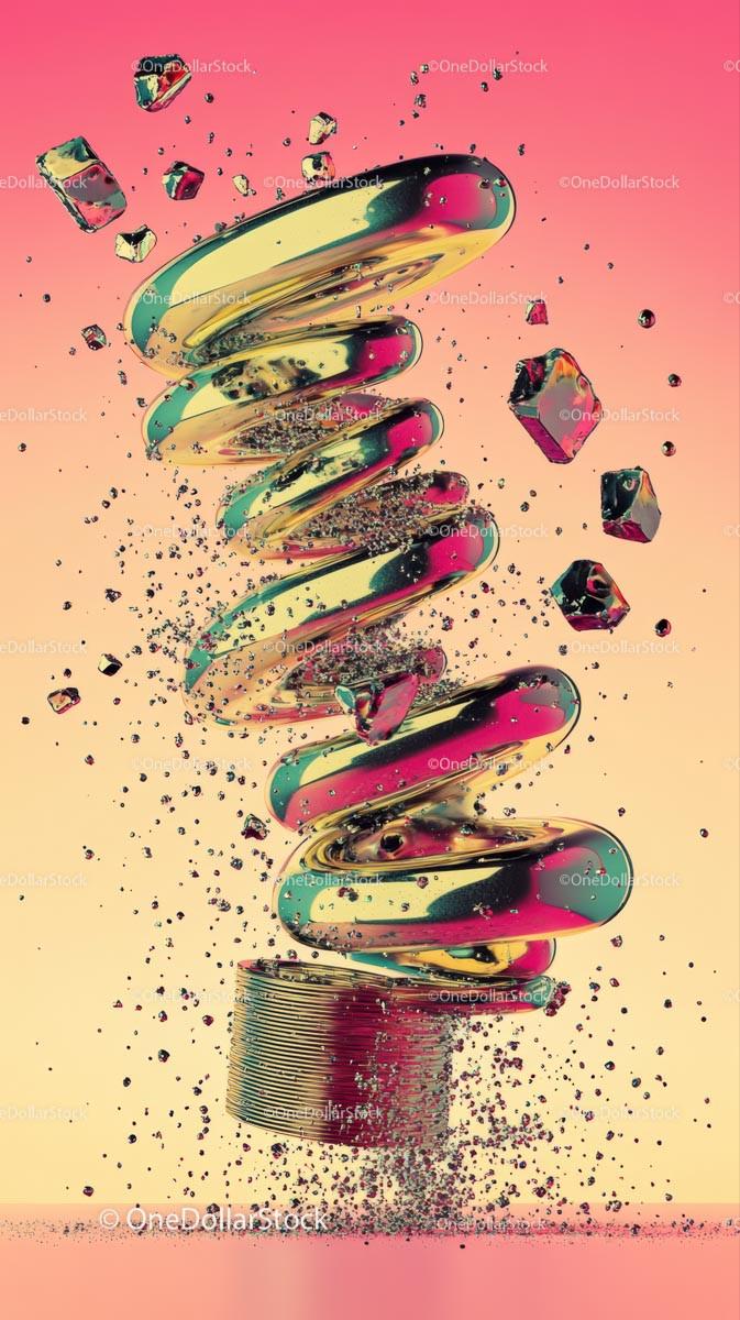 Metallic Spiral Abstract Art with Colorful Geometric Shapes