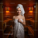 Relaxing Woman in Sauna Towel with Warm Wooden Interior
