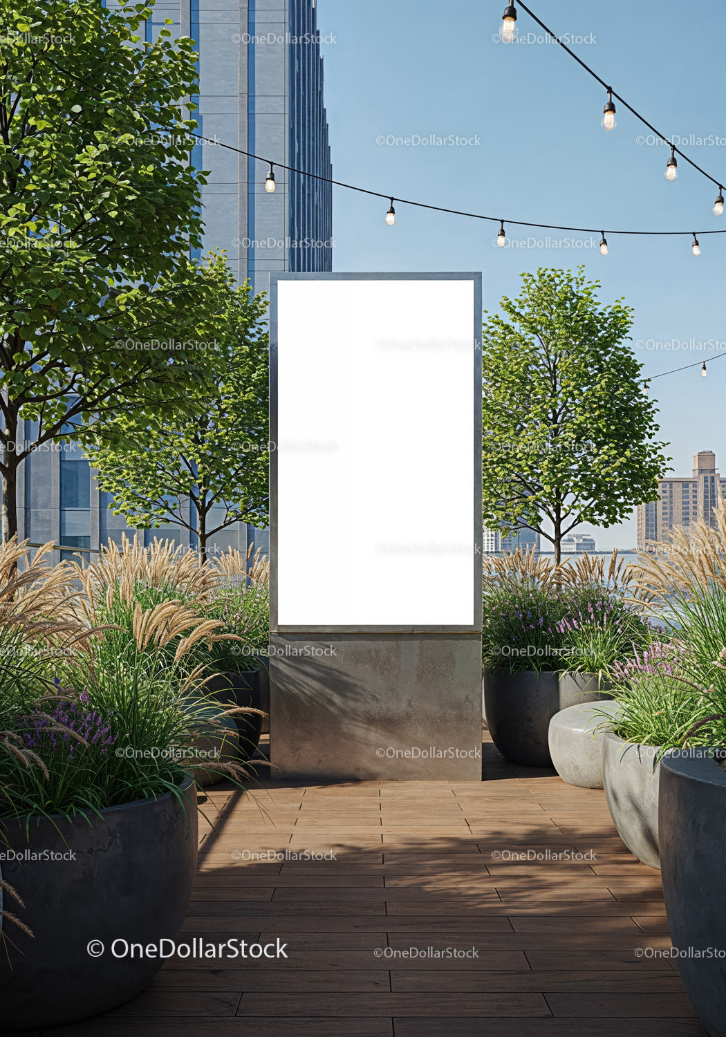Modern outdoor billboard surrounded by urban greenery