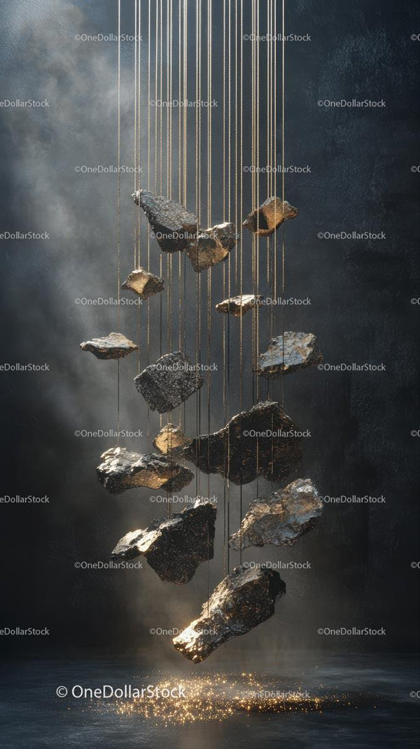 Suspended Metallic Rocks Artistic Sculpture on Dark Background