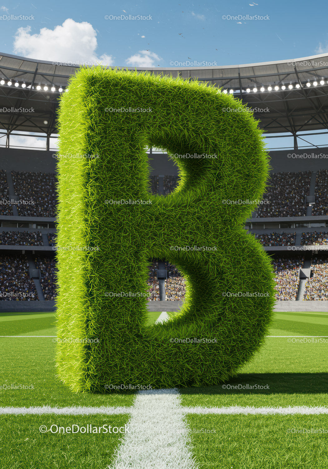 Giant Grass Letter B on Soccer Field with Stadium Crowd
