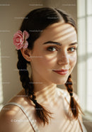 Portrait of a Young Woman with Pink Flower Hair Accessory and Bright Sunlight