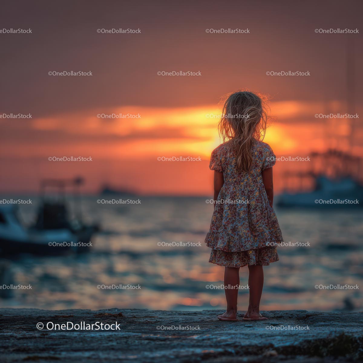 Silhouette of a Child at Sunset by the Ocean Shore