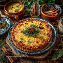 Seafood Shrimp Quiche with Fresh Herbs on Rustic Wooden Table