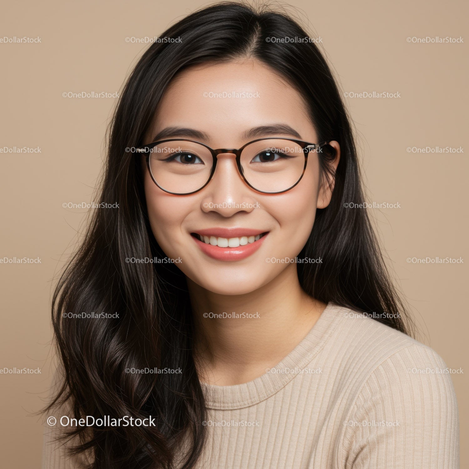 Portrait of a Smiling Woman Wearing Glasses and Casual Clothing