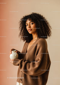Elegant Young Woman with Curly Hair in Cozy Brown Sweater