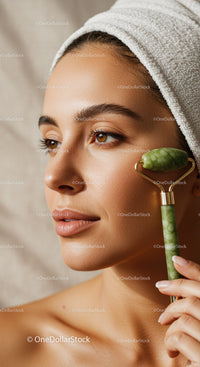 Young Woman Receiving Facial Massage with Jade Roller for Skin Rejuvenation