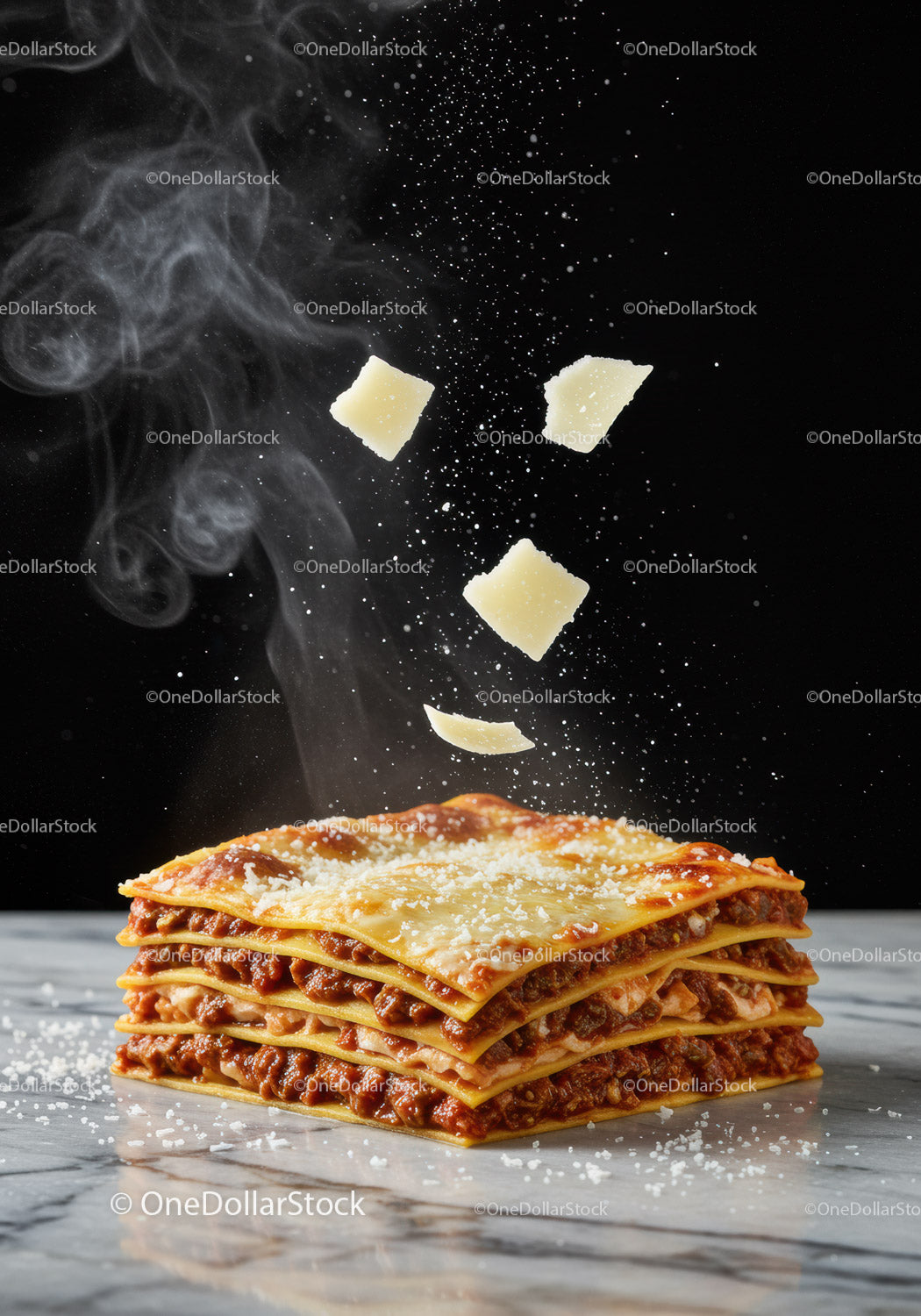 Stack of hot lasagna with falling parmesan cheese