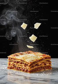 Stack of hot lasagna with falling parmesan cheese