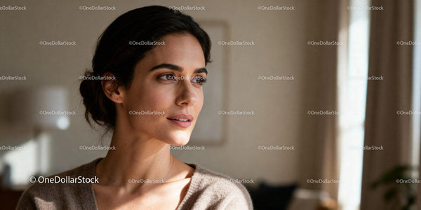 Thoughtful woman gazing through sunny window indoors